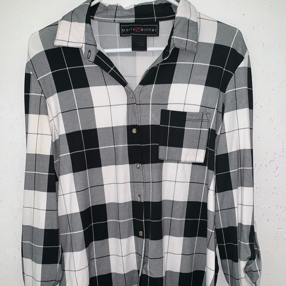 Polly & Esther Tops - Black and white plaid button down shirt